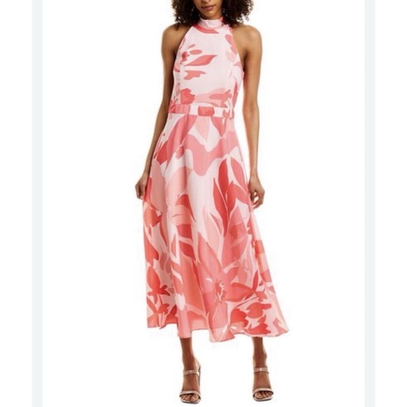 Tahari ASL NWT Halter Tie-Neck Sleeveless Midi Dress Pink & Orange - Picture 4 of 16